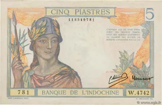 French Indochina 5 Piastres, 1932-1949 obverse