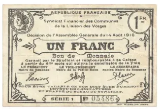 French notgeld 1 Franc, 1916 image