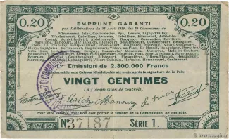 French notgeld 20 Centimes, 1915 image