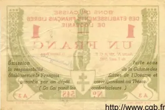 French Settlements of Oceania 1 Franc, 1942 reverse