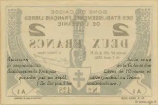 French Settlements of Oceania 2 Francs, 1942 reverse