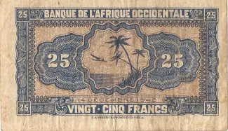 French West Africa 25 Francs, 1942 reverse