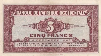 French West Africa 5 Francs, 1942 reverse