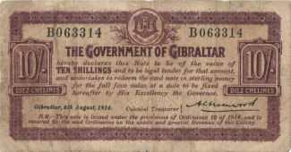 Gibraltar 10 Shillings, 1914 obverse