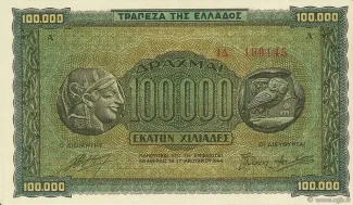 Greece 100.000 Drachmai, 1944 obverse