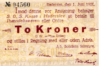 Haderslev, County of 2 Kroner / 52⁄100 Dollar, 1927 reverse