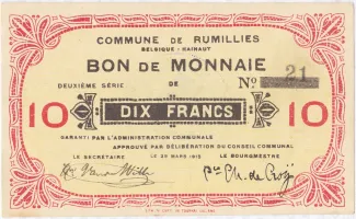 Hainaut (Rumillies) 10 Francs, 1914-1915