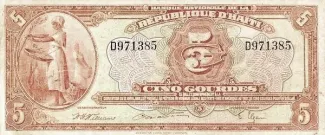 Haiti 5 Gourdes, 1946-1950 obverse