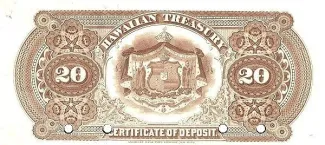 Hawaii 20 Dollars, 1879-1880 reverse