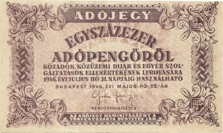 Hungary 100.000 Adopengo, 1946 image