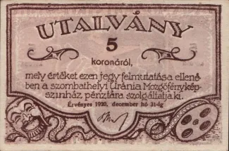 Hungarian notgeld 5 Korona, 1920 reverse