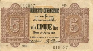 Italian States 5 Lire, 1874 image