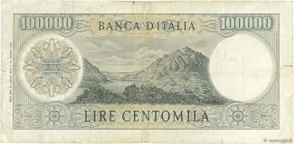 Italy 100.000 Lire, 1967-1974 reverse