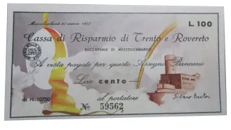 Italy 100 Lire Cassa di Risparmio di Trento e Rovereto - Succursale di Mezzolombardo, 1977 image