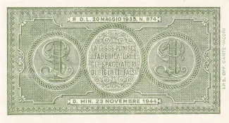 Italy 1 Lira, 1944 reverse
