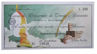 Italy 250 Lire Cassa di Risparmio di Trento e Rovereto - Succursale di Mezzolombardo, 1977 image