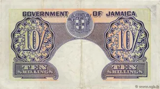 Jamaica 10 Shillings, 1950-1958 reverse