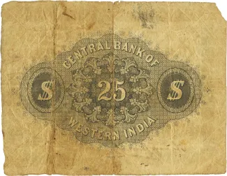 Japan 25 Dollars - The Central Bank of Western India, 1866 reverse
