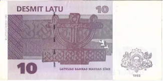 Latvia 10 Latu, 1992 reverse