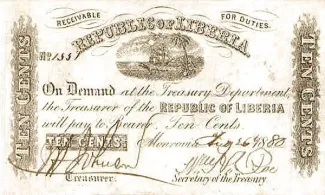 Liberia 5 Dollars, 1876-1880 obverse