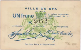 Liège (Spa) 1 Franc, 1914-1916