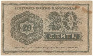 Lithuania 20 Centu, 1922 reverse