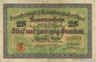 Luxembourg 25 Francs, 1914 reverse