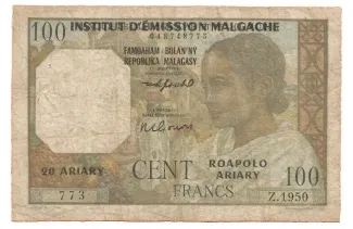 Madagascar 100 Francs - Provisional "Institut d'Émission" Overprint Issue, 1963 image