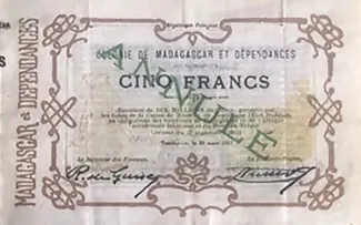 Madagascar 5 Francs / 1 Ariary, 1917 image