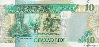 Malta 10 Liri, 1994-2007 reverse