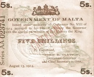 Malta 5 Shillings, 1914 image