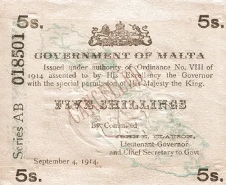 Malta 5 Shillings, 1914 image