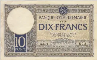Morocco 10 Francs, 1928 image