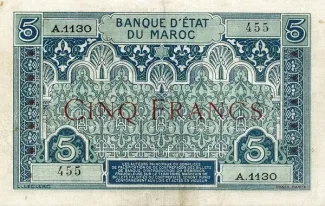 Morocco 5 Francs, 1924 image