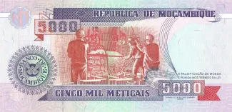Mozambique 5.000 Meticais, 1991 reverse