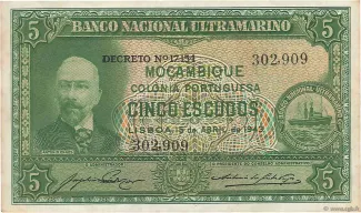 Mozambique 5 Escudos, 1943-1945 obverse
