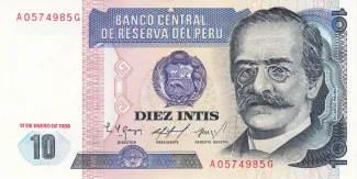 Peru 10 Intis, 1985-1987 obverse
