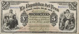Peru 5 Soles, 1879 obverse