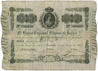 Philippine notgeld 10 Pesos Fuertes - Isabel II, 1865 image