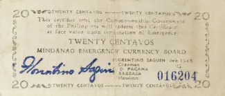 Philippine notgeld 20 Centavos, 1945 image