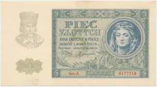 Poland 5 Zlotys, 1940 image