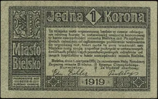 Polish notgeld 1 Korona, 1919 obverse