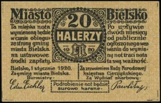 Polish notgeld 20 Halerzy, 1920 obverse