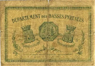 Pyrnes-Atlantiques, Department of 1 Franc, 1916 reverse