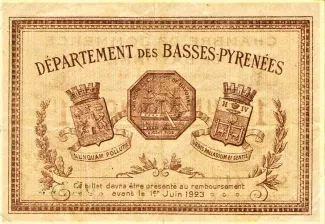 Pyrnes-Atlantiques, Department of 1 Franc, 1918 reverse