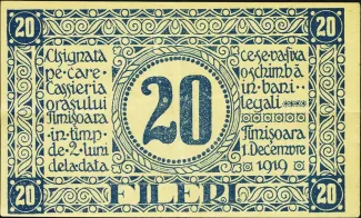 Romanian notgeld 20 Fileri, 1919 reverse