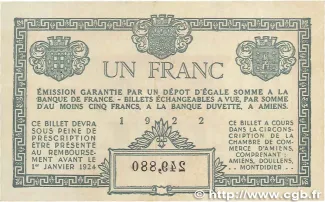 Somme, Department of 1 Franc, 1922 reverse