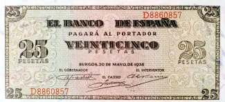 Spain 25 Pesetas, 1938 obverse