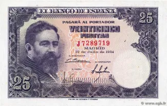 Spain 25 Pesetas, 1954 obverse