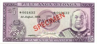 Tonga 5 Pa'anga - Taufa'ahua, 1989 image